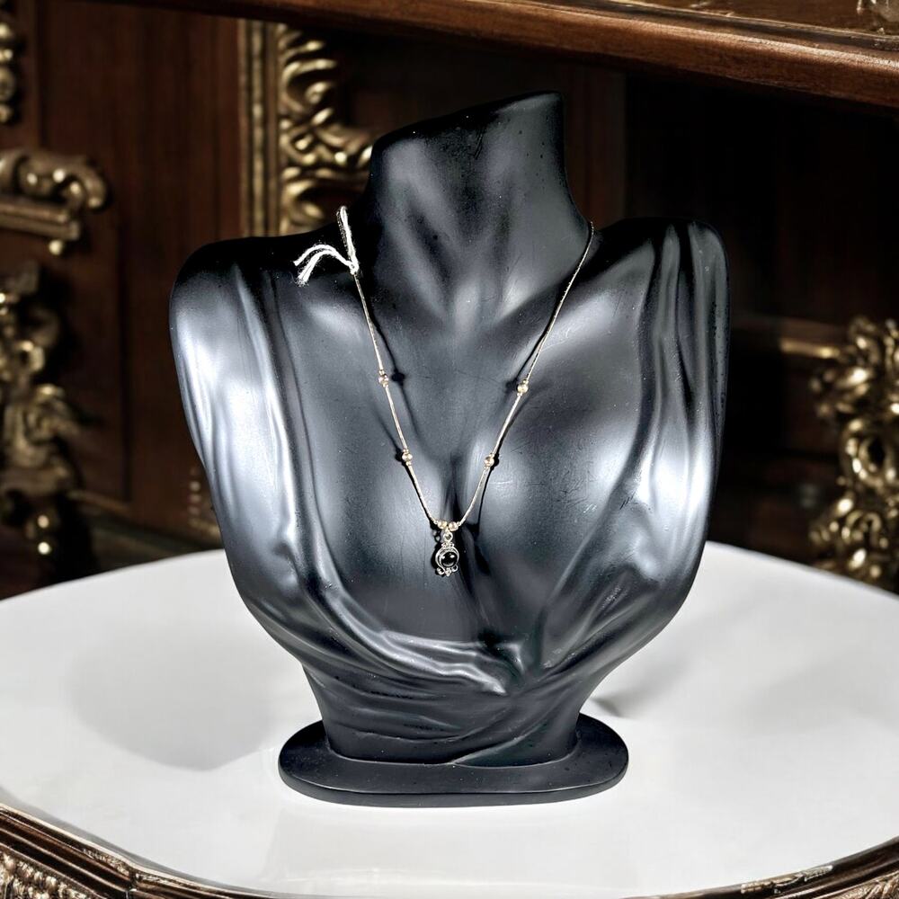 Sterling Silver Vintage Black Onyx Ornate Minimalist Antique Look Necklace 16"